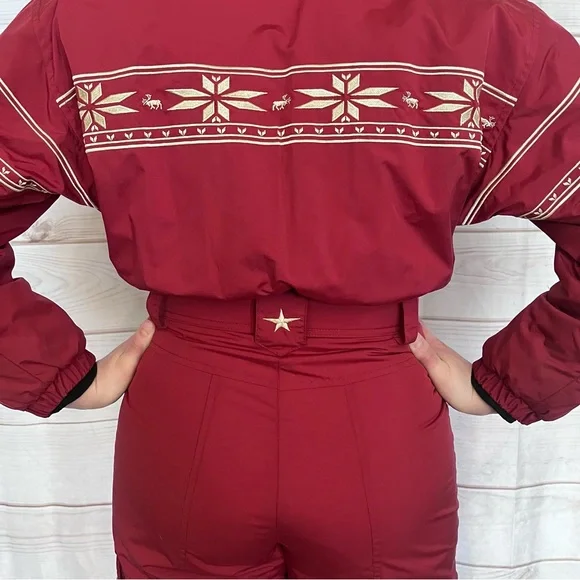 Vintage Bogner One-Piece Embroidered Ski Suit Fur Trimmed Hood Burgundy Sz 10 - Picture 7 of 16